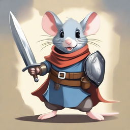 A brave and heroic mouse character from an epic video game, standing valiantly with a tiny sword and shield, ready to embark on a grand adventure