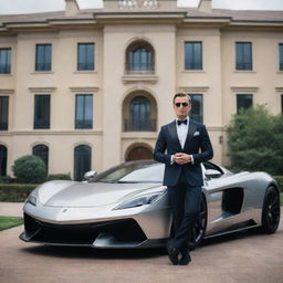 A sophisticated man dressed in billionaire-style attire, standing grandly in front of a sleek supercar parked outside a luxurious mansion.