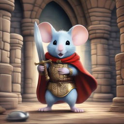 A heroic mouse character in a detailed castle environment