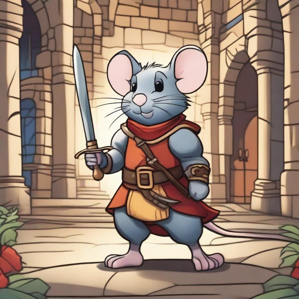 A heroic mouse character in a detailed castle environment