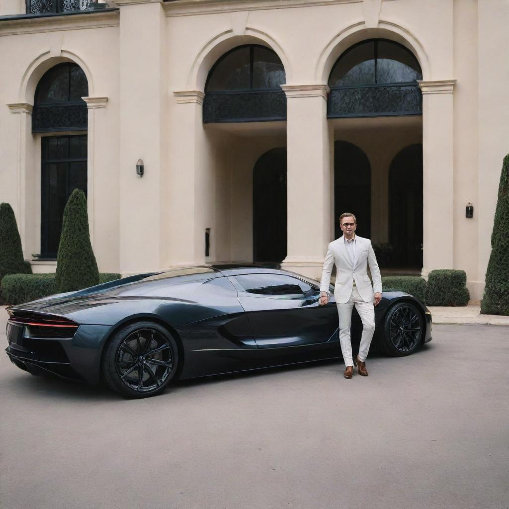 A sophisticated man dressed in billionaire-style attire, standing grandly in front of a sleek supercar parked outside a luxurious mansion.