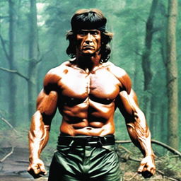 Escenas icónicas de la película de Rambo, mostrando al personaje principal en acción con su característico aspecto rudo y armado