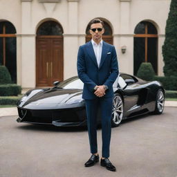 A sophisticated man dressed in billionaire-style attire, standing grandly in front of a sleek supercar parked outside a luxurious mansion.