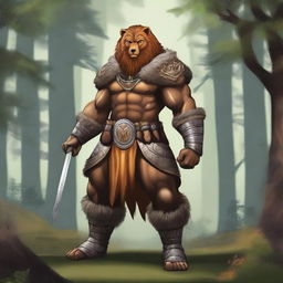 A Leonin warrior, over 7 feet tall with a muscular build, tawny fur, and a thick mane