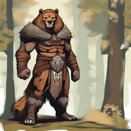 A Leonin warrior, over 7 feet tall with a muscular build, tawny fur, and a thick mane