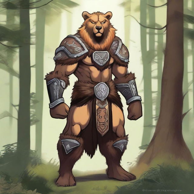 A Leonin warrior, over 7 feet tall with a muscular build, tawny fur, and a thick mane