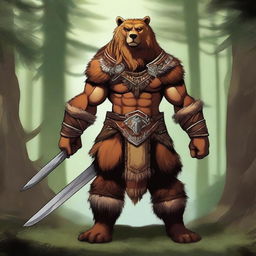 A Leonin warrior, over 7 feet tall with a muscular build, tawny fur, and a thick mane