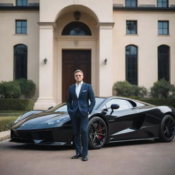 A sophisticated man dressed in billionaire-style attire, standing grandly in front of a sleek supercar parked outside a luxurious mansion.