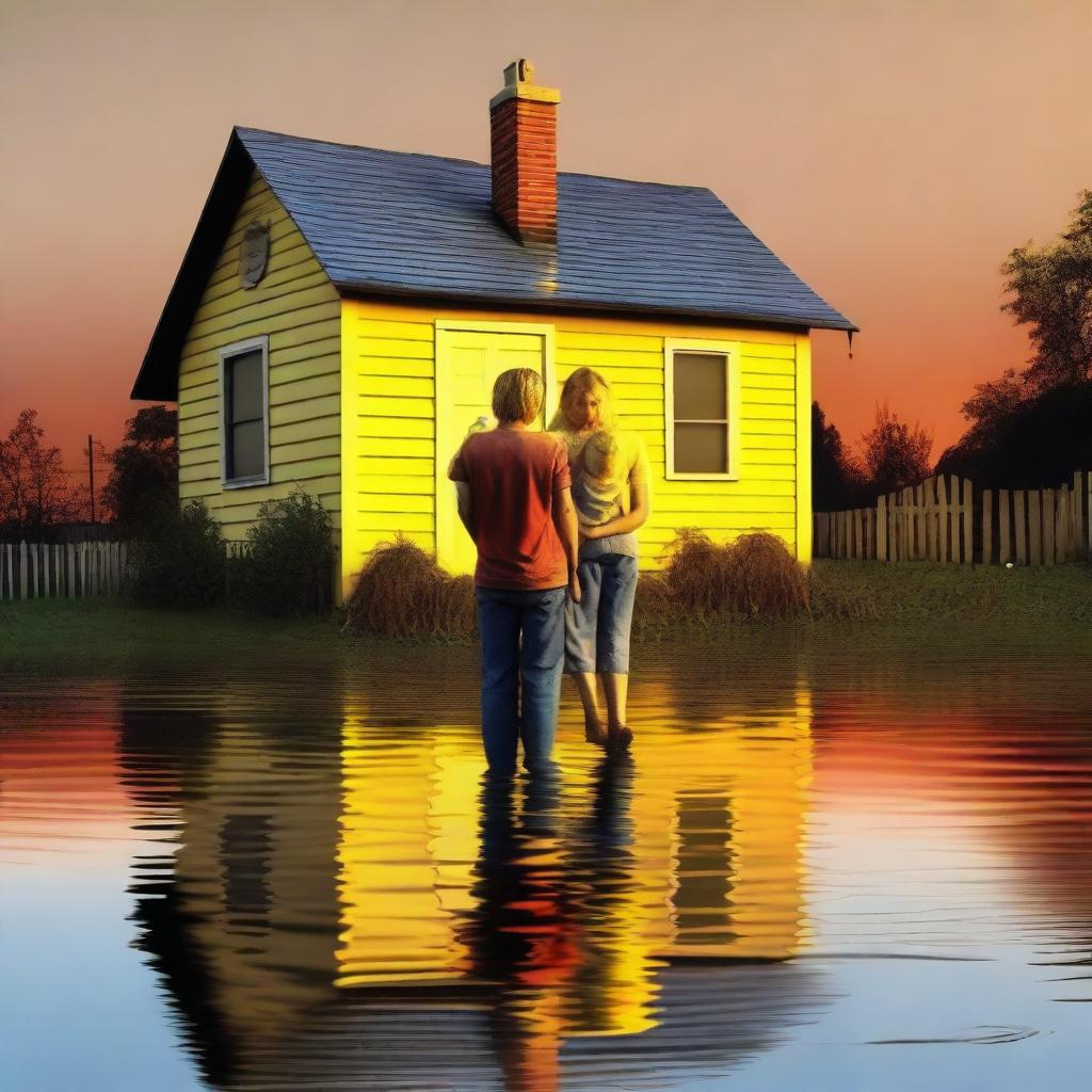 A yellow house, partially flooded up to the height of the roof, is situated in a flooded area