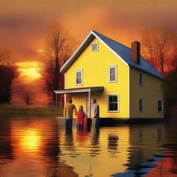 A yellow house, partially flooded up to the height of the roof, is situated in a flooded area