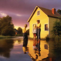 A yellow house, partially flooded up to the height of the roof, is situated in a flooded area