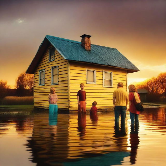 A yellow house, partially flooded up to the height of the roof, is situated in a flooded area