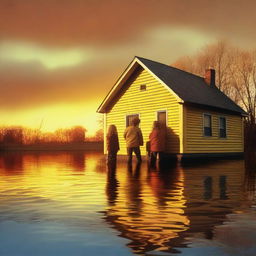 A yellow house, partially flooded up to the height of the roof, is situated in a flooded area