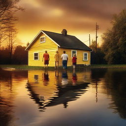 A yellow house, partially flooded up to the height of the roof, is situated in a flooded area