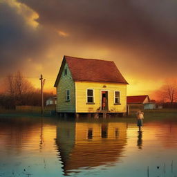 A yellow house, partially flooded up to the height of the roof, is situated in a flooded area