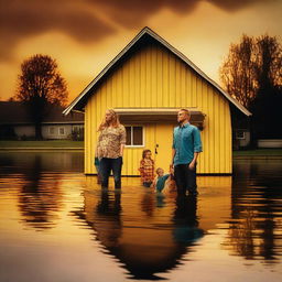 A yellow house, partially flooded up to the height of the roof, is situated in a flooded area