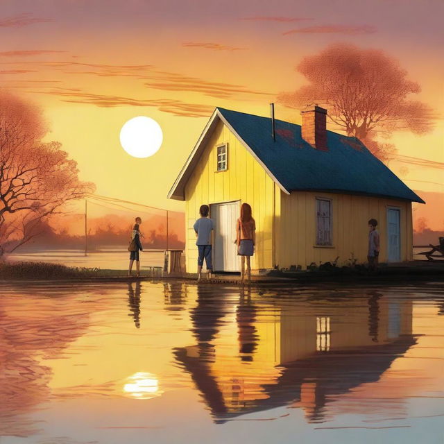 A yellow house, partially flooded up to the height of the roof, is situated in a flooded area