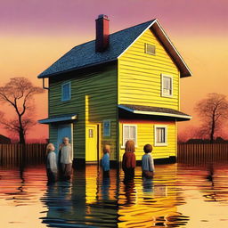 A yellow house, partially flooded up to the height of the roof, is situated in a flooded area