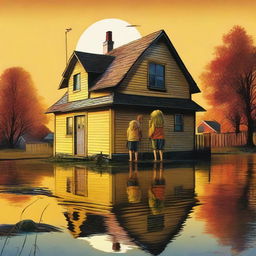 A yellow house, partially flooded up to the height of the roof, is situated in a flooded area