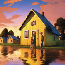 A yellow house, partially flooded up to the height of the roof, is situated in a flooded area