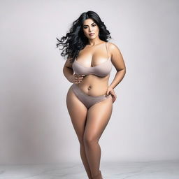 A full-body portrait of a beautiful, matured woman with a busty chest, posing seductively