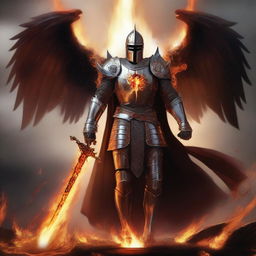 A valiant knight with a sword and wings, emanating fiery power