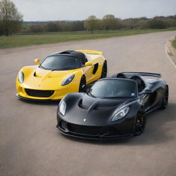 A Hennessey Venom GT Spyder in pristine condition, parked side by side with a Lotus Exige on a calm, sunny day.