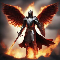 A valiant knight with a sword and wings, emanating fiery power