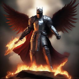 A valiant knight with a sword and wings, emanating fiery power