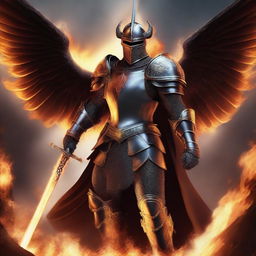 A valiant knight with a sword and wings, emanating fiery power