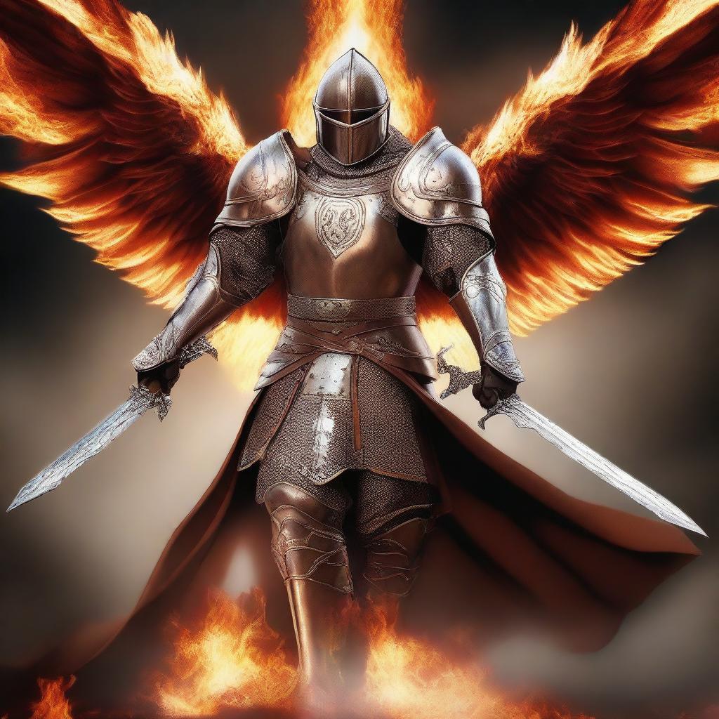 A valiant knight with a brown armor and white wings, emanating fiery power