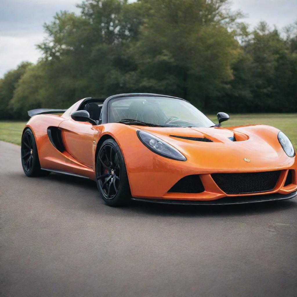 A Hennessey Venom GT Spyder in pristine condition, parked side by side with a Lotus Exige on a calm, sunny day.