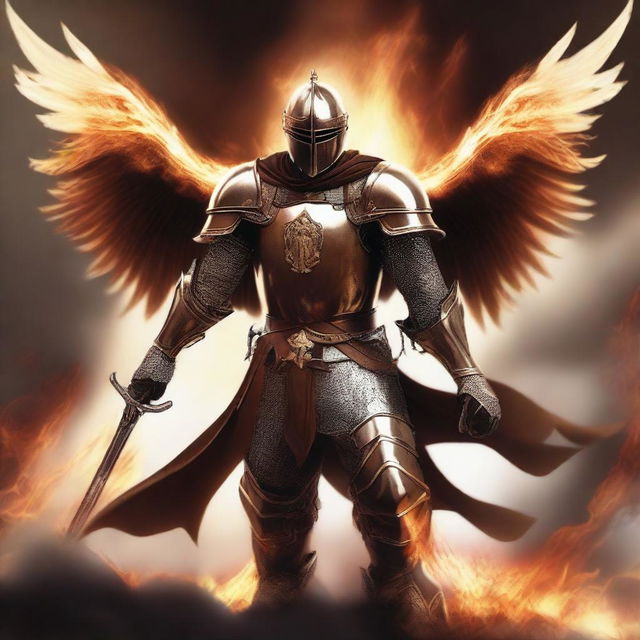 A valiant knight with a brown armor and white wings, emanating fiery power