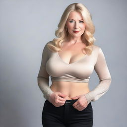 A full-body portrait of a beautiful, matured woman with big boobs, pale skin, and a slim body, posing seductively