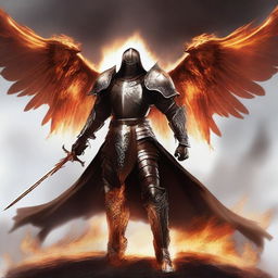 A valiant, slender knight with a brown armor and larger white wings, emanating fiery power