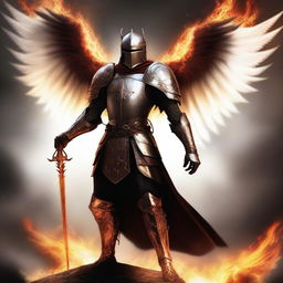 A valiant, slender knight with a brown armor and larger white wings, emanating fiery power