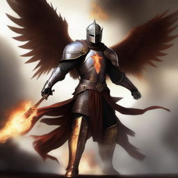 A valiant, slender knight with a brown armor and larger white wings, emanating fiery power