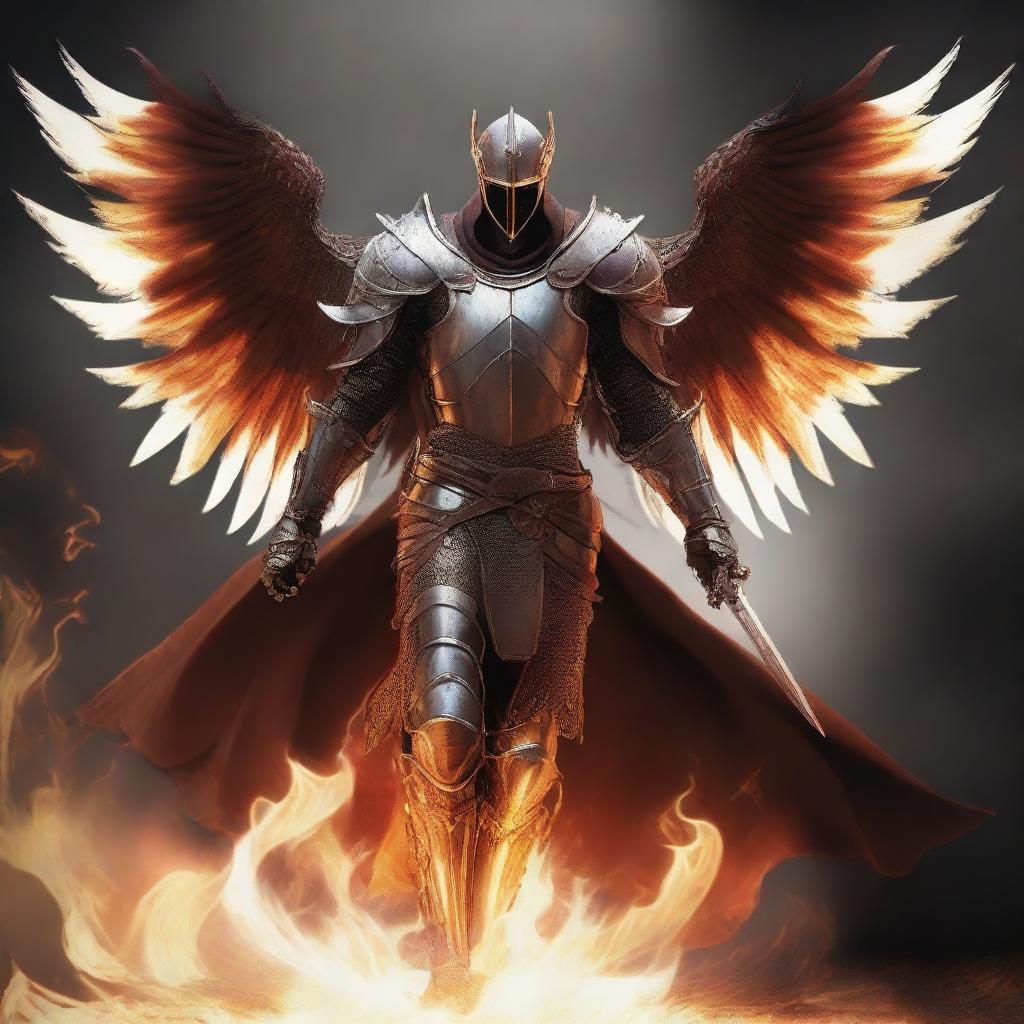 A valiant, slender knight with a brown armor and larger white wings, emanating fiery power