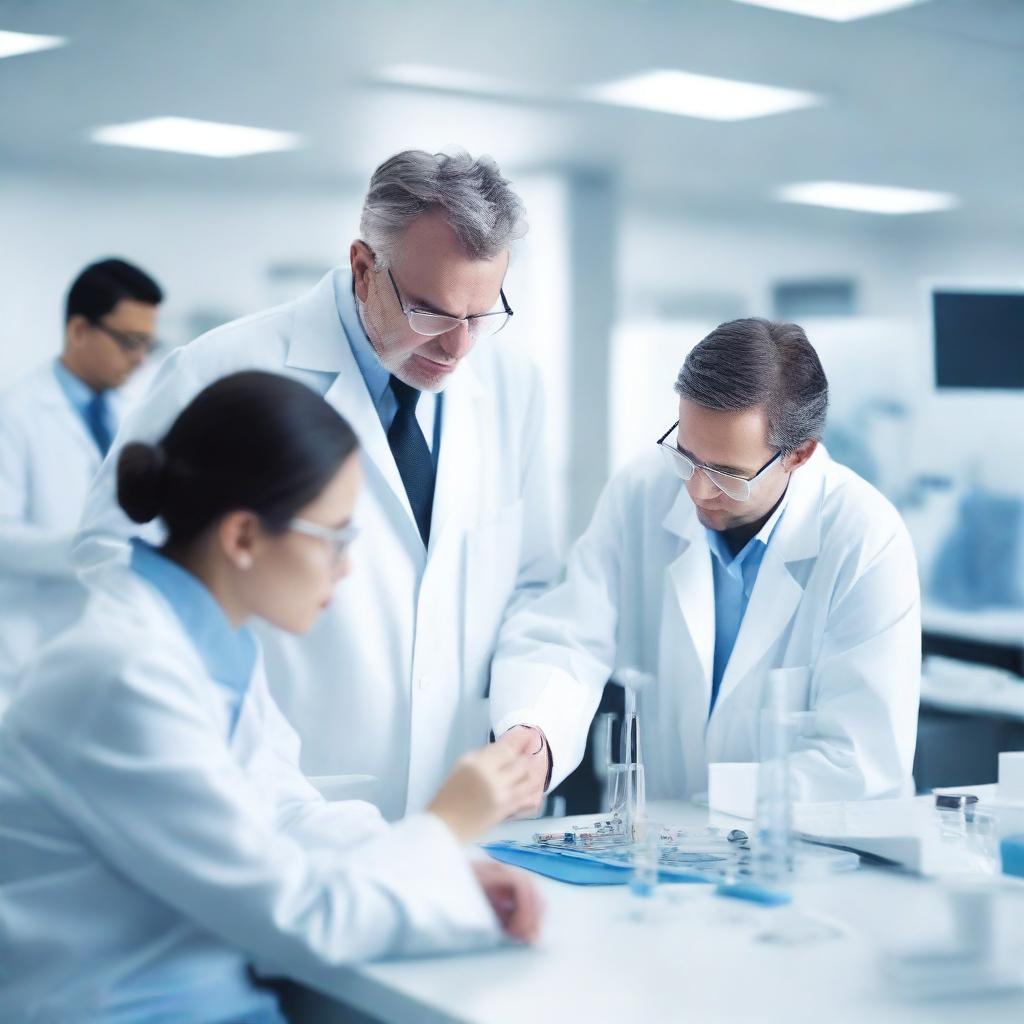 A group of scientists working in a modern laboratory, surrounded by advanced scientific equipment, computers, and lab samples