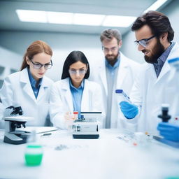 A group of scientists working in a modern laboratory, surrounded by advanced scientific equipment, computers, and lab samples