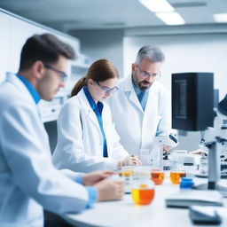 A group of scientists working in a modern laboratory, surrounded by advanced scientific equipment, computers, and lab samples