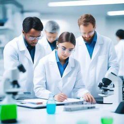 A group of scientists working in a modern laboratory, surrounded by advanced scientific equipment, computers, and lab samples