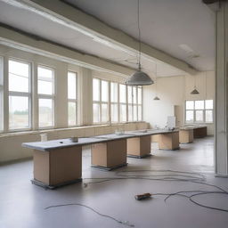 An empty laboratory under construction, with unfinished walls, exposed wiring, and construction materials scattered around