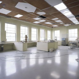 An empty laboratory under construction, with unfinished walls, exposed wiring, and construction materials scattered around