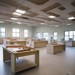 An empty laboratory under construction, with unfinished walls, exposed wiring, and construction materials scattered around