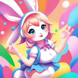 A detailed illustration of a bunny girl in a playful pose, wearing a bunny costume with ears and a tail