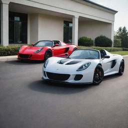 A Hennessey Venom GT Spyder in pristine condition, parked side by side with a Lotus Exige on a calm, sunny day.