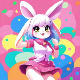 A detailed illustration of a bunny girl in a playful pose, wearing a bunny costume with ears and a tail