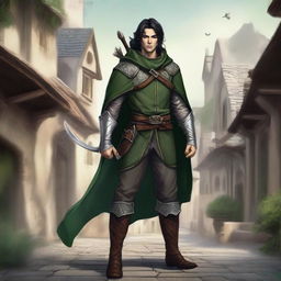 A detailed fantasy illustration of a male ranger elf in a medieval setting