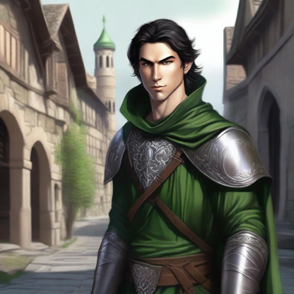 A detailed fantasy illustration of a male ranger elf in a medieval setting